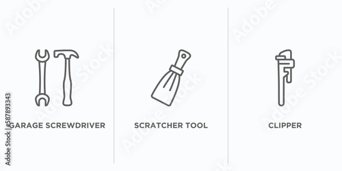 construction tools outline icons set. thin line icons such as garage screwdriver, scratcher tool, clipper vector. linear icon sheet can be used web and mobile