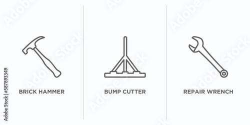 construction tools outline icons set. thin line icons such as brick hammer, bump cutter, repair wrench vector. linear icon sheet can be used web and mobile