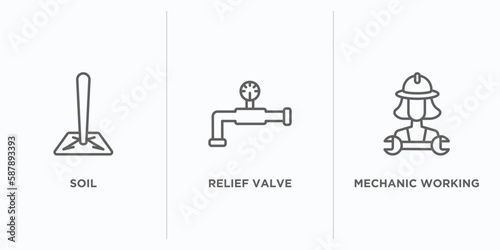 construction and tools outline icons set. thin line icons such as soil, relief valve, mechanic working vector. linear icon sheet can be used web and mobile