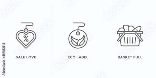 commerce outline icons set. thin line icons such as sale love, eco label, basket full vector. linear icon sheet can be used web and mobile