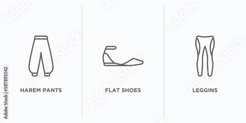 clothes outline icons set. thin line icons such as harem pants, flat shoes, leggins vector. linear icon sheet can be used web and mobile