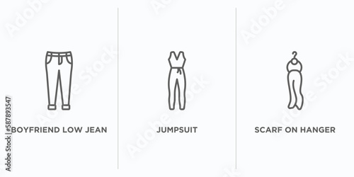 clothes outline icons set. thin line icons such as boyfriend low jean, jumpsuit, scarf on hanger vector. linear icon sheet can be used web and mobile