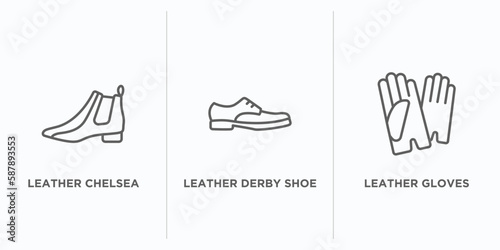 clothes outline icons set. thin line icons such as leather chelsea boots, leather derby shoe, leather gloves vector. linear icon sheet can be used web and mobile