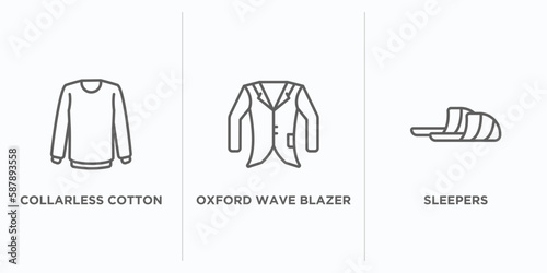 clothes outline icons set. thin line icons such as collarless cotton shirt, oxford wave blazer, sleepers vector. linear icon sheet can be used web and mobile