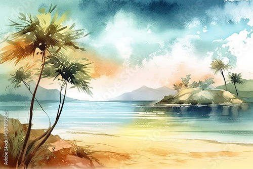tropical beach scene with palm trees. Generative AI