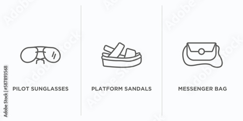 clothes outline icons set. thin line icons such as pilot sunglasses  platform sandals  messenger bag vector. linear icon sheet can be used web and mobile