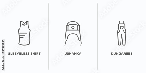 clothes outline icons set. thin line icons such as sleeveless shirt, ushanka, dungarees vector. linear icon sheet can be used web and mobile