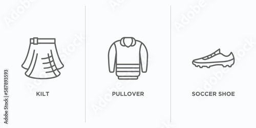 clothes outline icons set. thin line icons such as kilt, pullover, soccer shoe vector. linear icon sheet can be used web and mobile
