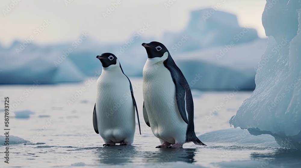 Fototapeta premium Two penguins stand on melting ice in Arctic. Generative AI
