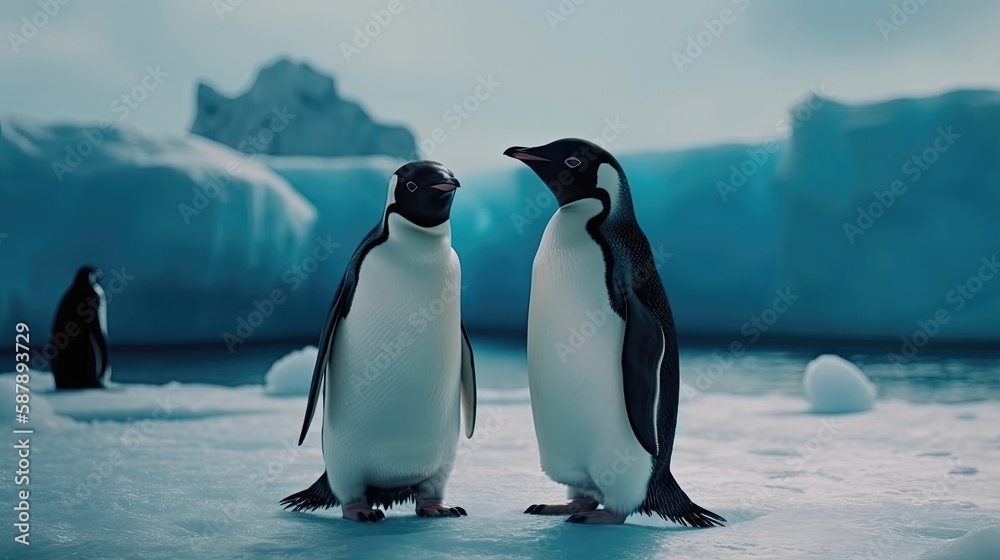 Two penguins stand on melting ice in Arctic. Generative AI