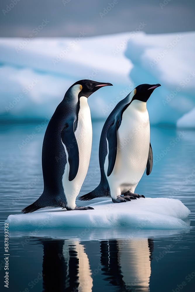 Fototapeta premium Two penguins stand on melting ice in Arctic. Generative AI