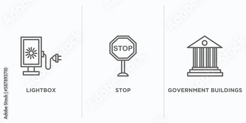 city elements outline icons set. thin line icons such as lightbox, stop, government buildings vector. linear icon sheet can be used web and mobile