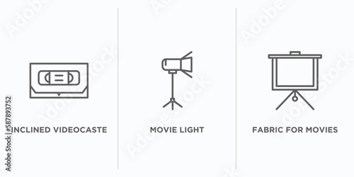 cinema outline icons set. thin line icons such as inclined videocaste, movie light, fabric for movies vector. linear icon sheet can be used web and mobile