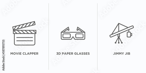 cinema outline icons set. thin line icons such as movie clapper, 3d paper glasses, jimmy jib vector. linear icon sheet can be used web and mobile photo