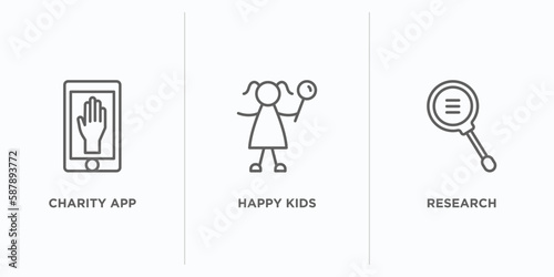 charity outline icons set. thin line icons such as charity app, happy kids, research vector. linear icon sheet can be used web and mobile