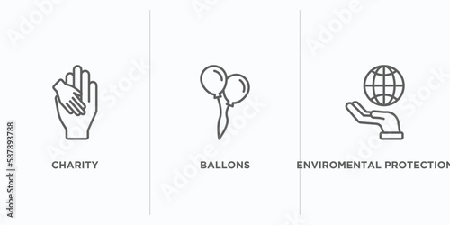 charity outline icons set. thin line icons such as charity, ballons, enviromental protection vector. linear icon sheet can be used web and mobile
