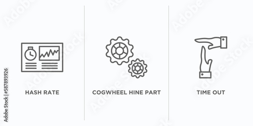 business and finance outline icons set. thin line icons such as hash rate, cogwheel hine part, time out vector. linear icon sheet can be used web and mobile