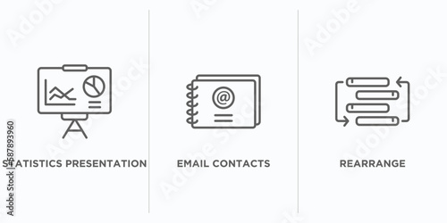 business outline icons set. thin line icons such as statistics presentation, email contacts, rearrange vector. linear icon sheet can be used web and mobile photo
