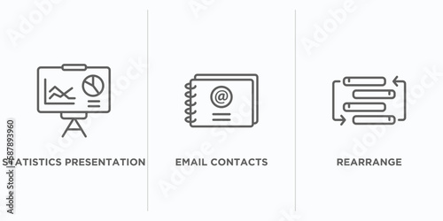 business outline icons set. thin line icons such as statistics presentation, email contacts, rearrange vector. linear icon sheet can be used web and mobile