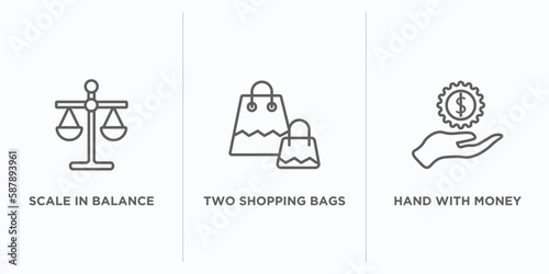 business outline icons set. thin line icons such as scale in balance, two shopping bags, hand with money gear vector. linear icon sheet can be used web and mobile