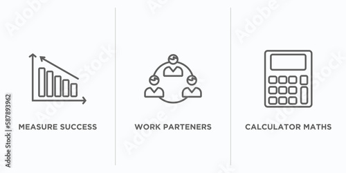 business outline icons set. thin line icons such as measure success, work parteners, calculator maths tool vector. linear icon sheet can be used web and mobile