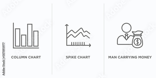 business outline icons set. thin line icons such as column chart, spike chart, man carrying money vector. linear icon sheet can be used web and mobile
