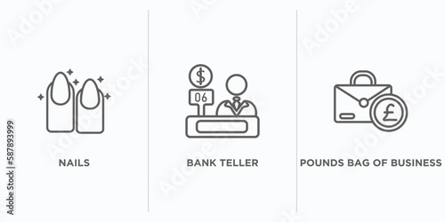 business outline icons set. thin line icons such as nails, bank teller, pounds bag of business vector. linear icon sheet can be used web and mobile