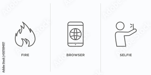 blogger and influencer outline icons set. thin line icons such as fire, browser, selfie vector. linear icon sheet can be used web and mobile