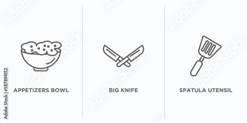 bistro and restaurant outline icons set. thin line icons such as appetizers bowl, big knife, spatula utensil vector. linear icon sheet can be used web and mobile