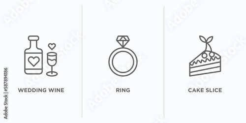 birthday and party outline icons set. thin line icons such as wedding wine, ring, cake slice vector. linear icon sheet can be used web and mobile