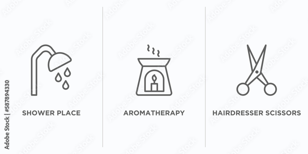 beauty outline icons set. thin line icons such as shower place, aromatherapy, hairdresser scissors vector. linear icon sheet can be used web and mobile
