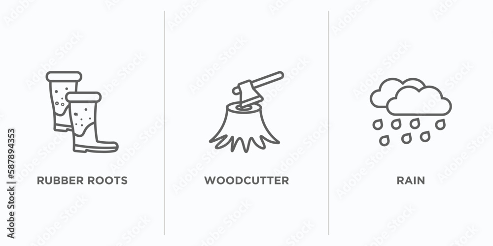 autumn outline icons set. thin line icons such as rubber roots, woodcutter, rain vector. linear icon sheet can be used web and mobile autumn outline icons set. thin line icons such as rubber roots, woodcutter, rain vector. linear icon sheet can be used web and mobile