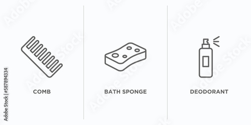 beauty outline icons set. thin line icons such as comb, bath sponge, deodorant vector. linear icon sheet can be used web and mobile