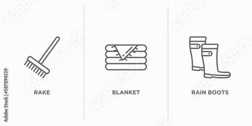 autumn outline icons set. thin line icons such as rake, blanket, rain boots vector. linear icon sheet can be used web and mobile