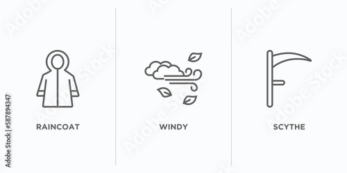 autumn outline icons set. thin line icons such as raincoat, windy, scythe vector. linear icon sheet can be used web and mobile