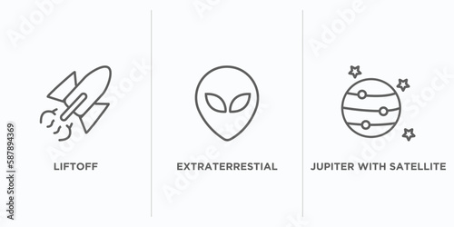 astronomy outline icons set. thin line icons such as liftoff, extraterrestial head, jupiter with satellite vector. linear icon sheet can be used web and mobile