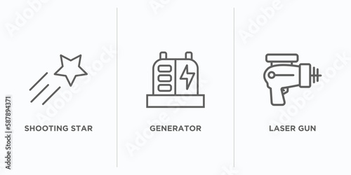 astronomy outline icons set. thin line icons such as shooting star, generator, laser gun vector. linear icon sheet can be used web and mobile