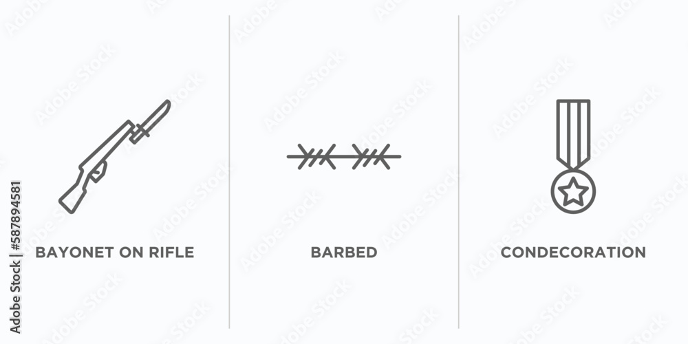army and war outline icons set. thin line icons such as bayonet on ...