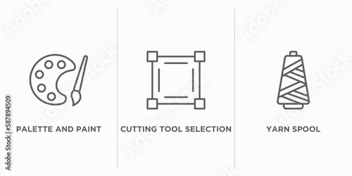 art outline icons set. thin line icons such as palette and paint brush, cutting tool selection, yarn spool vector. linear icon sheet can be used web and mobile
