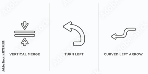 arrows outline icons set. thin line icons such as vertical merge, turn left, curved left arrow vector. linear icon sheet can be used web and mobile