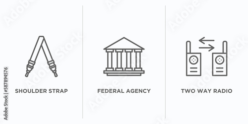army and war outline icons set. thin line icons such as shoulder strap, federal agency, two way radio vector. linear icon sheet can be used web and mobile