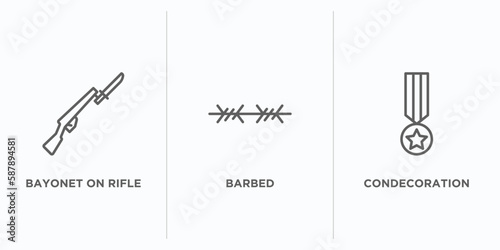 army and war outline icons set. thin line icons such as bayonet on rifle, barbed, condecoration vector. linear icon sheet can be used web and mobile