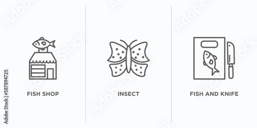 animals outline icons set. thin line icons such as fish shop, insect, fish and knife vector. linear icon sheet can be used web and mobile