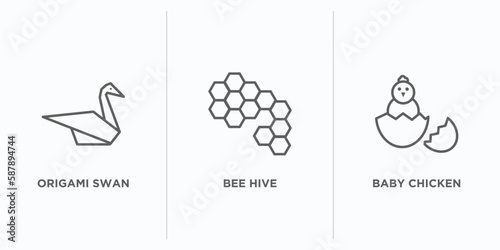 animals outline icons set. thin line icons such as origami swan, bee hive, baby chicken vector. linear icon sheet can be used web and mobile