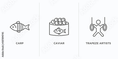 animals outline icons set. thin line icons such as carp, caviar, trapeze artists vector. linear icon sheet can be used web and mobile