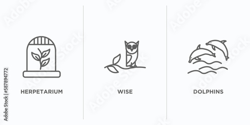 animals outline icons set. thin line icons such as herpetarium, wise, dolphins vector. linear icon sheet can be used web and mobile