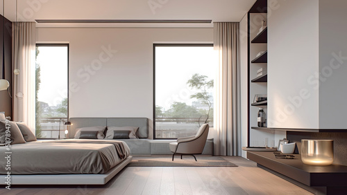 A city-view apartment bedroom with a minimalistic white interior and wood floor  photorealistic illustration  Generative AI