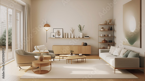 A cozy small living room designed to be open to a charming small garden, featuring floor-to-ceiling windows, modern furniture, and white walls: photorealistic illustration, Generative AI © DIMENSIONS