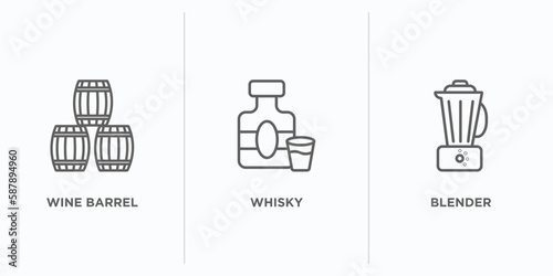 alcohol outline icons set. thin line icons such as wine barrel, whisky, blender vector. linear icon sheet can be used web and mobile