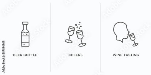alcohol outline icons set. thin line icons such as beer bottle, cheers, wine tasting vector. linear icon sheet can be used web and mobile
